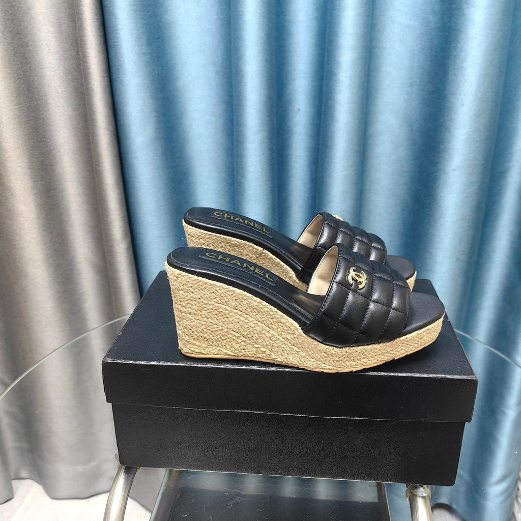 CHANEL WEDGE BLACK SHEEPSKIN