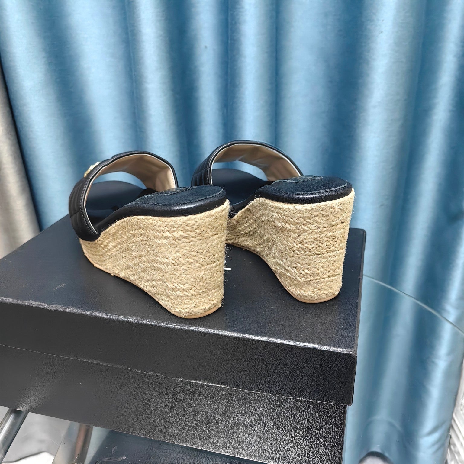 CHANEL WEDGE BLACK SHEEPSKIN