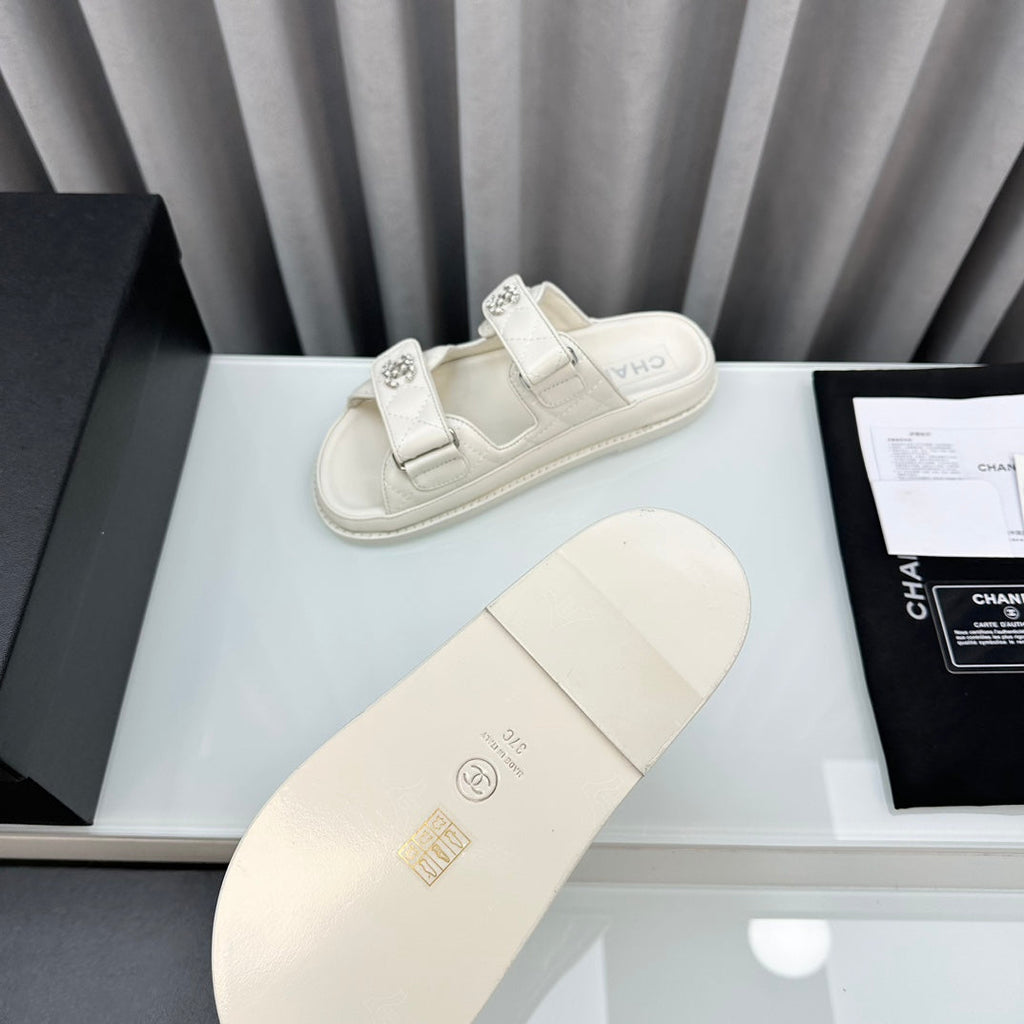 CHANEL dad sandals white lambskin interwoven leather